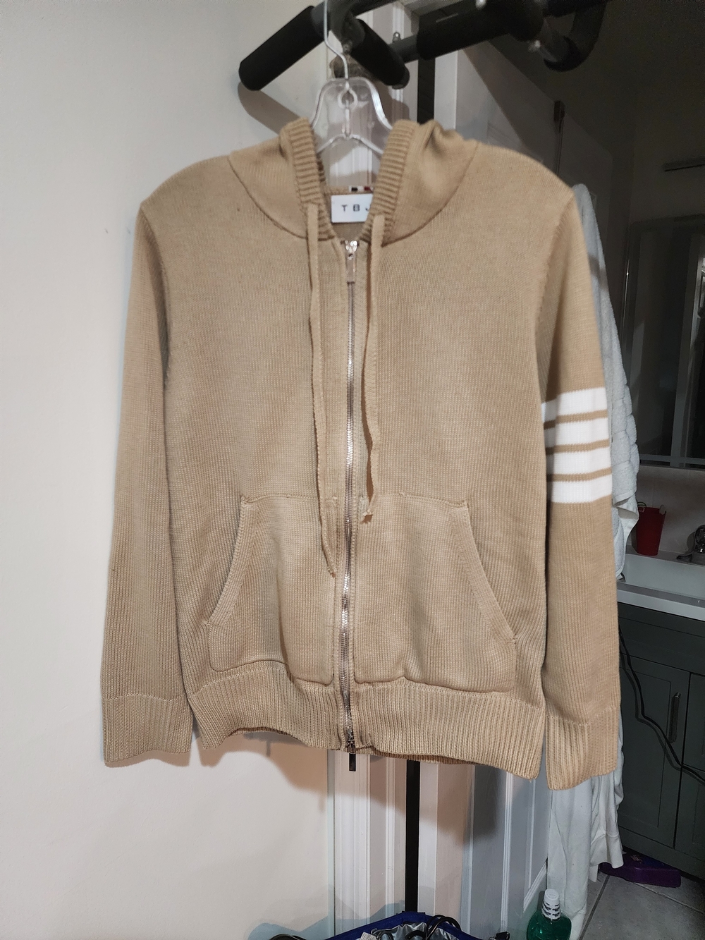 Cozy Beige Thick Hooded Zip Sweater with White Sleeve Stripes